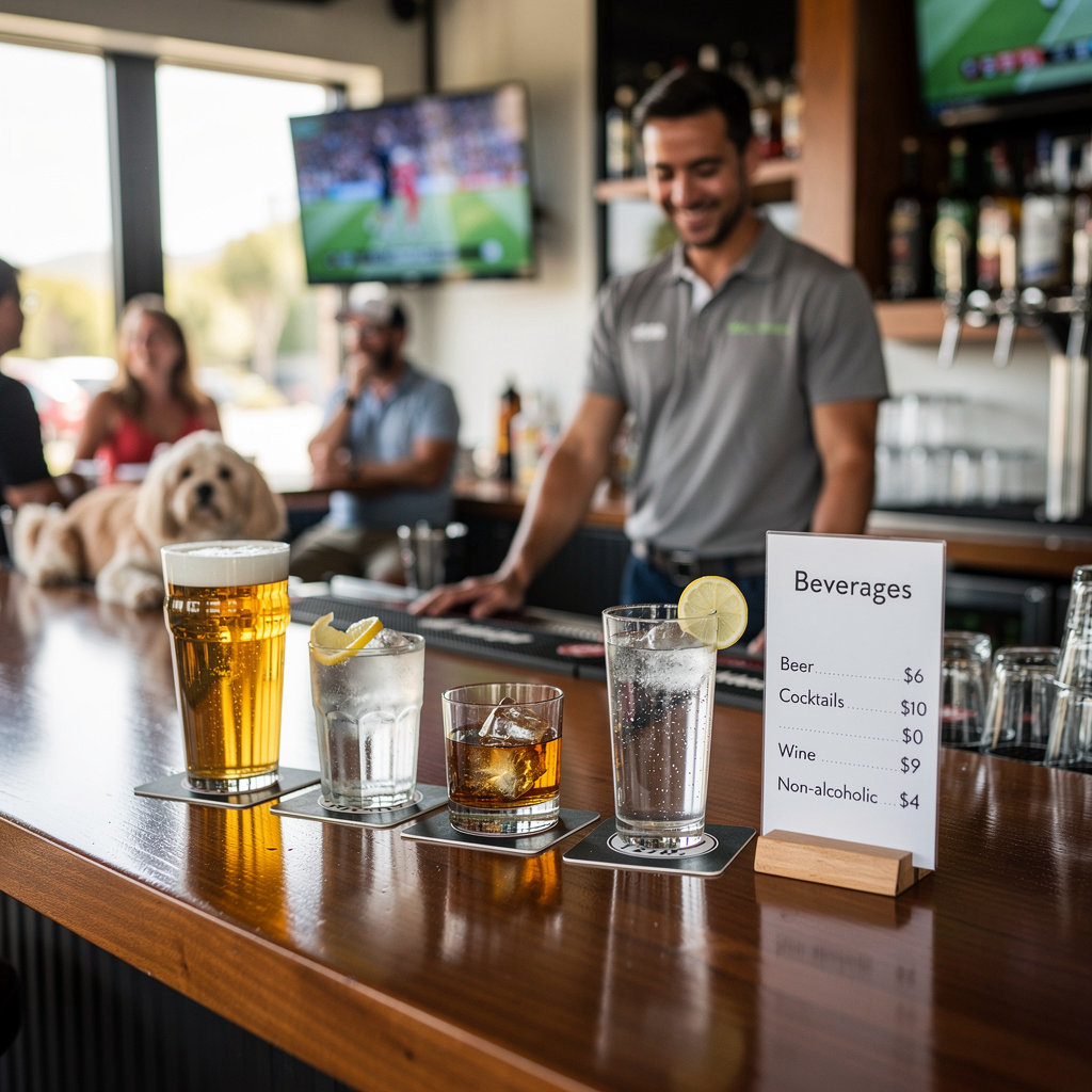 The Cliff Room beverage menu featuring a selection of craft beers, cocktails, and wines in a Santa Barbara sports bar